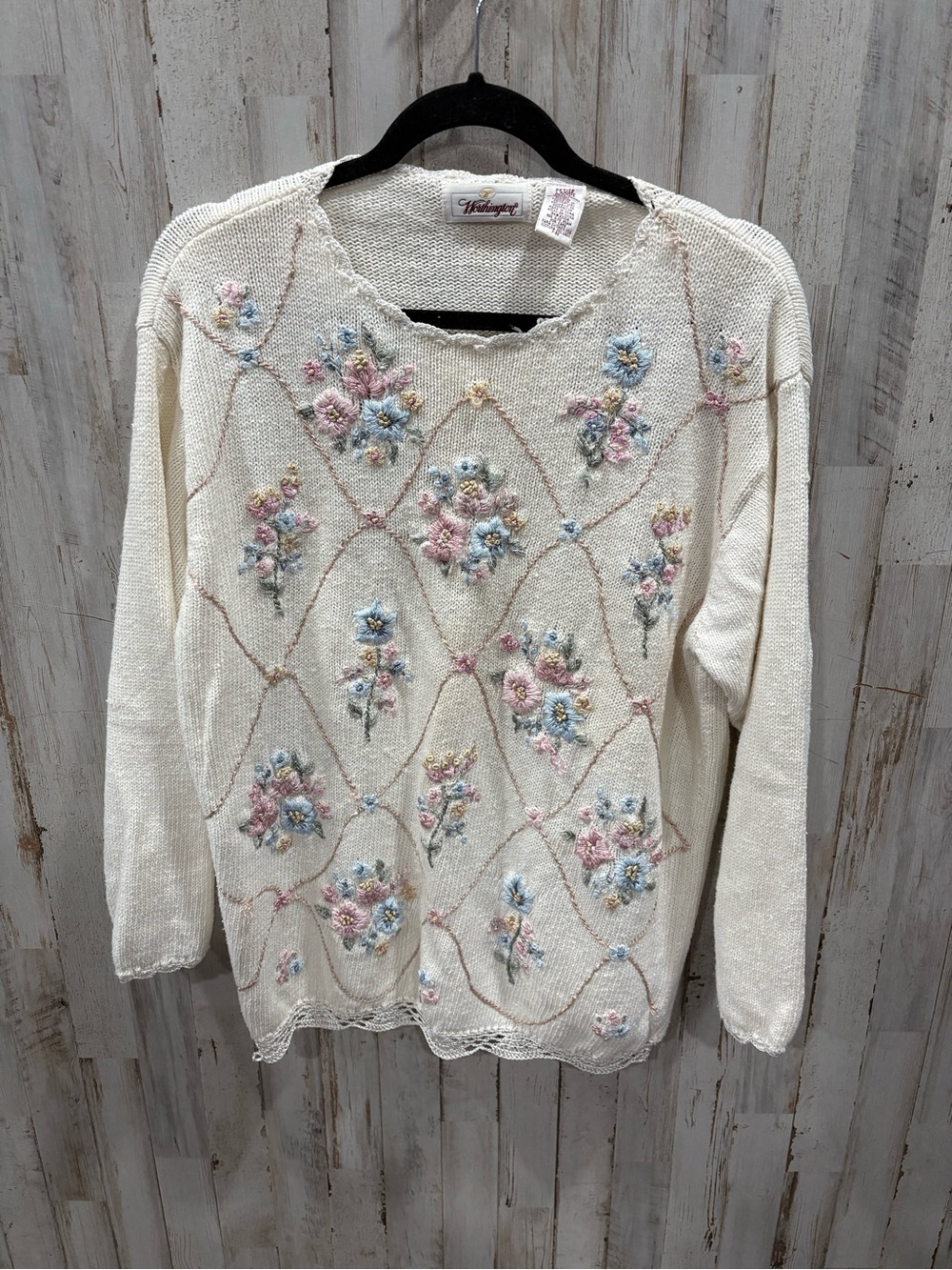 Vintage Worthington Floral Embroidered Sweater Cottagecore Knit Boho Pastel LP